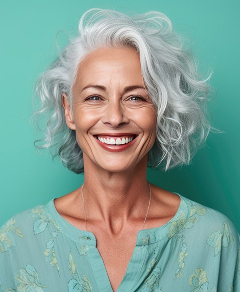 smiling woman with blue background