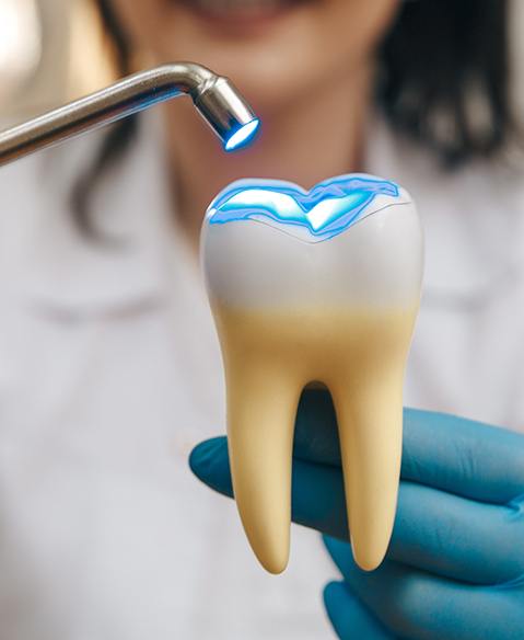 Dentist demonstrating filling on large model tooth