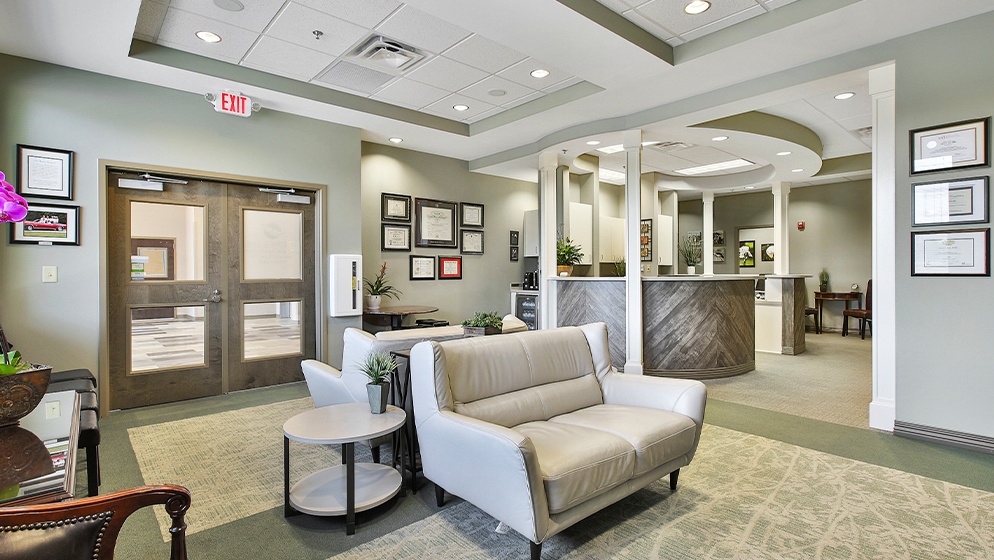 Dental office entrance and reception desk